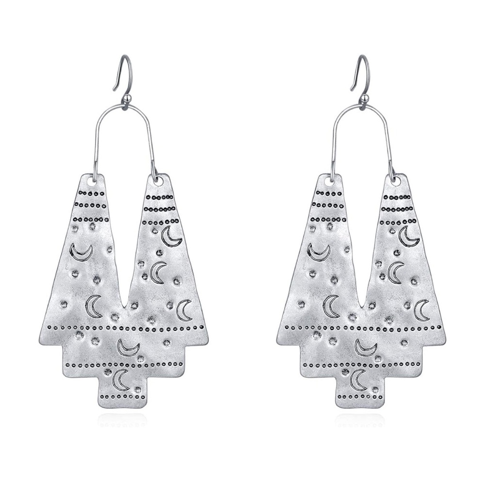 🌙 Vintage Silver Geometric Moon Earrings